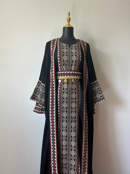 3-Piece Palestinian Thobe Set ~ With Coin Belt & Matching Cardigan