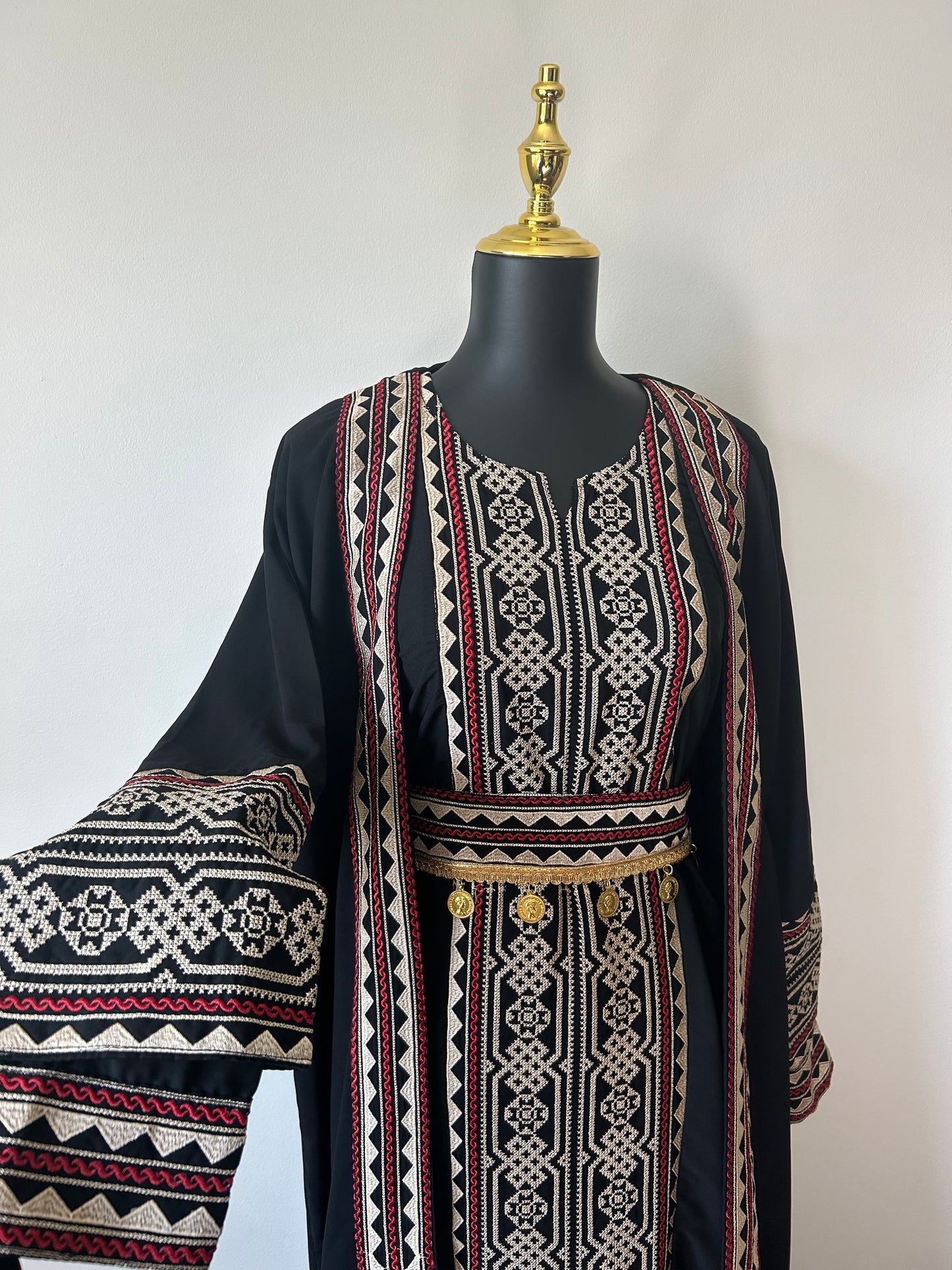 3-Piece Palestinian Thobe Set ~ With Coin Belt & Matching Cardigan