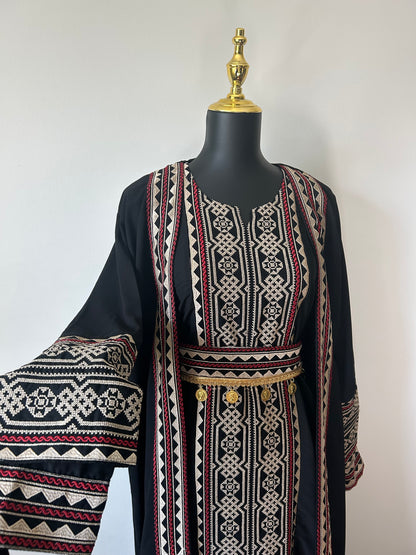 3-Piece Palestinian Thobe Set ~ With Coin Belt & Matching Cardigan