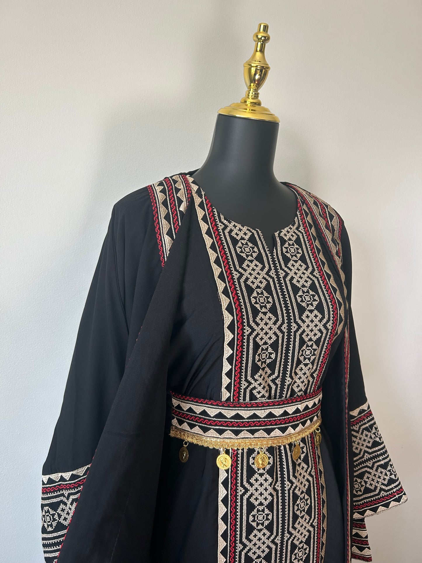 3-Piece Palestinian Thobe Set ~ With Coin Belt & Matching Cardigan