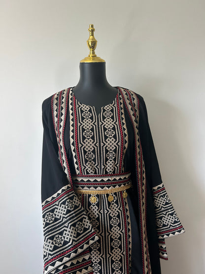 3-Piece Palestinian Thobe Set ~ With Coin Belt & Matching Cardigan