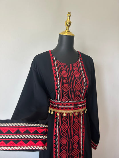 3-Piece Palestinian Thobe Set ~ With Coin Belt & Matching Cardigan