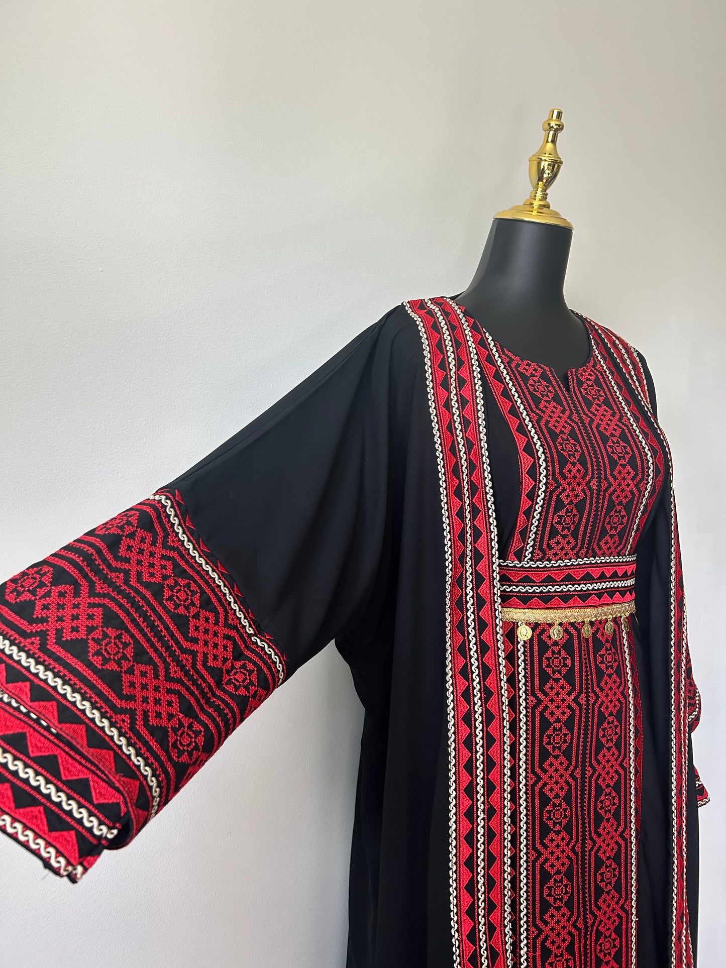 3-Piece Palestinian Thobe Set ~ With Coin Belt & Matching Cardigan