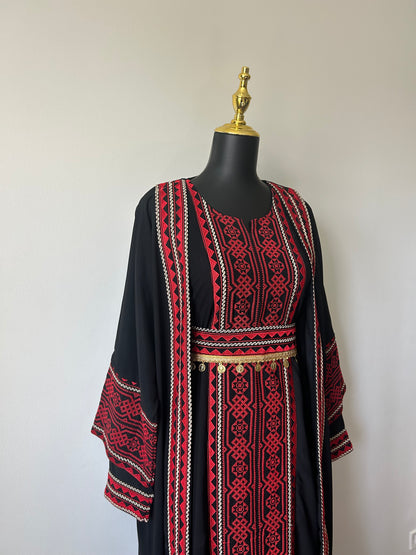 3-Piece Palestinian Thobe Set ~ With Coin Belt & Matching Cardigan