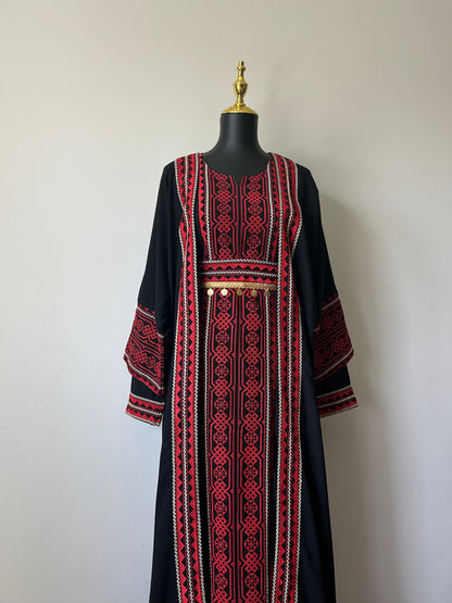 3-Piece Palestinian Thobe Set ~ With Coin Belt & Matching Cardigan